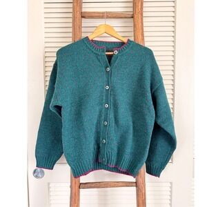 Vintage Green Pink Dot Cardigan Sweater Women's Button Up Cozy Knit Casual